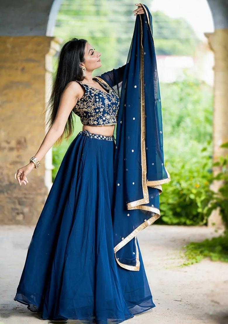 Blue Embroidery Georgette Lehenga Set - Indya