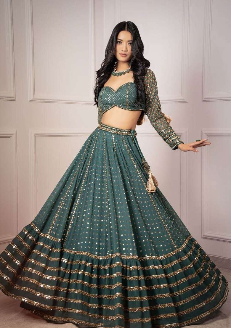 Bottle Green Georgette Lehenga Set with Embroidery for Diwali | Wedding & Festive Wear - Indya