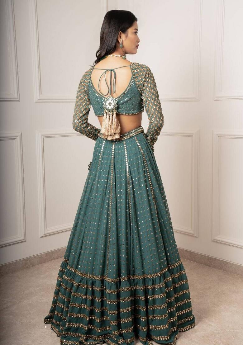 Bottle Green Embroidery Georgette Lehenga Set - Indya