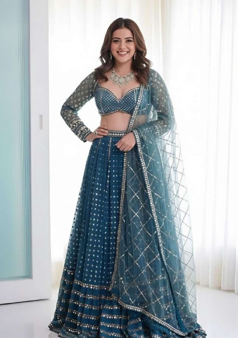 Teal Blue Georgette Lehenga Set with Embroidery for Diwali | Wedding & Festive Wear - Indya