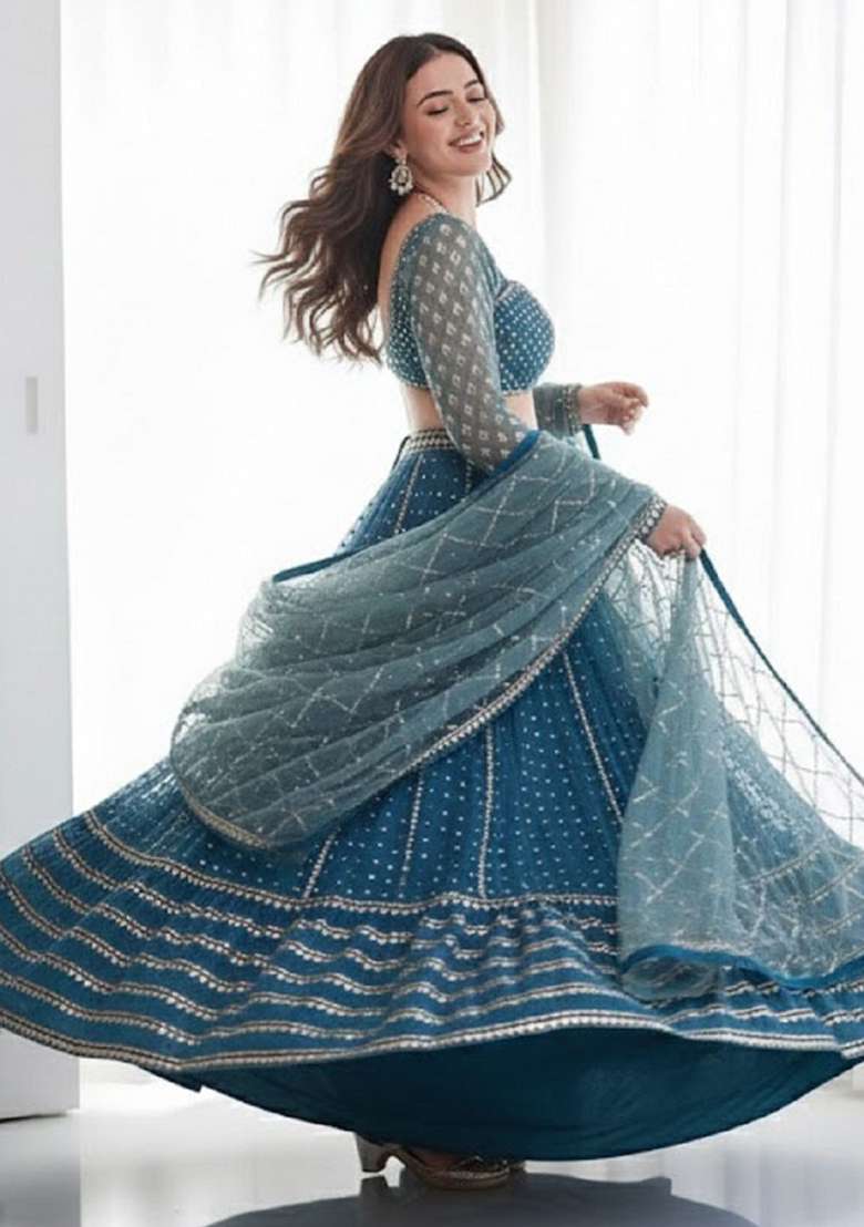 Teal Blue Georgette Lehenga Set with Embroidery for Diwali | Wedding & Festive Wear - Indya