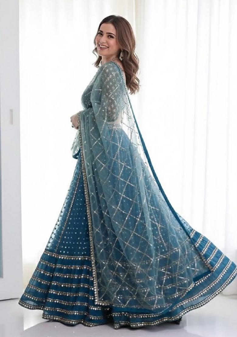 Teal Blue Embroidery Georgette Lehenga Set - Indya