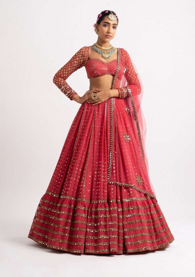 Red Georgette Lehenga Set with Embroidery for Diwali | Wedding & Festive Wear - Indya