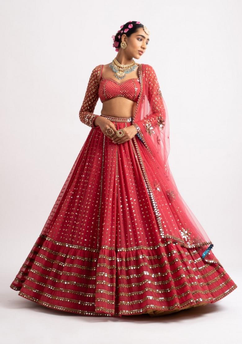 Red Embroidery Georgette Lehenga Set - Indya