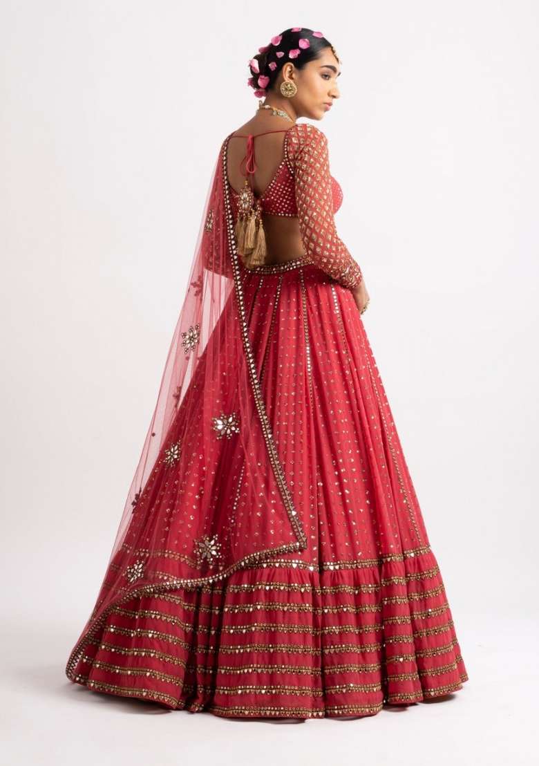 Red Georgette Lehenga Set with Embroidery for Diwali | Wedding & Festive Wear - Indya
