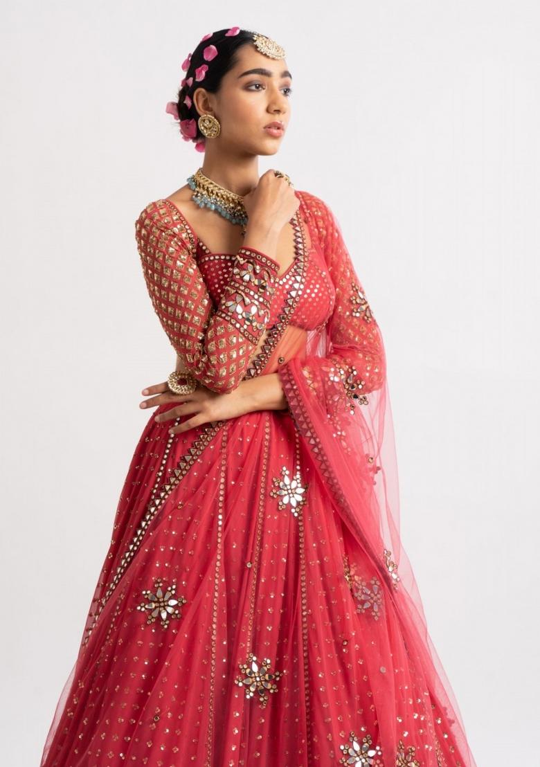 Red Embroidery Georgette Lehenga Set - Indya