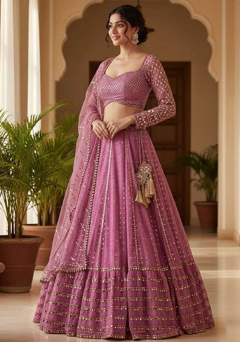 Baby Pink Embroidery Georgette Lehenga Set for Diwali and Festive Wear - Indya