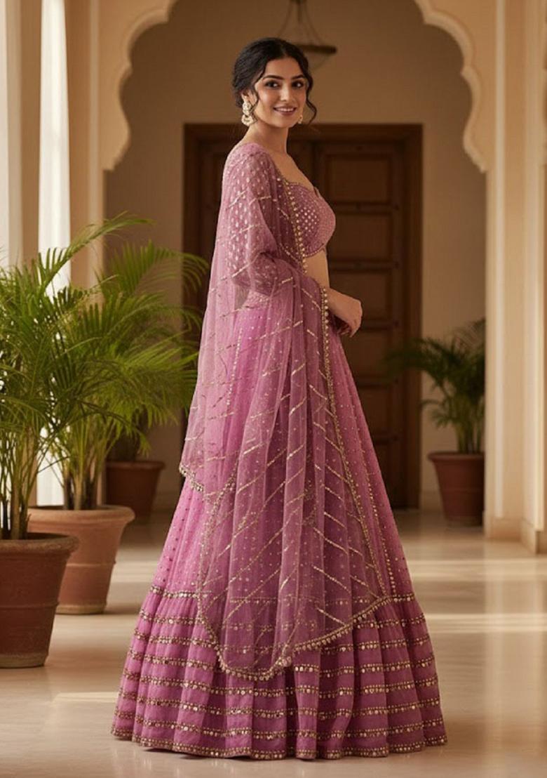 Baby Pink Embroidery Georgette Lehenga Set - Indya