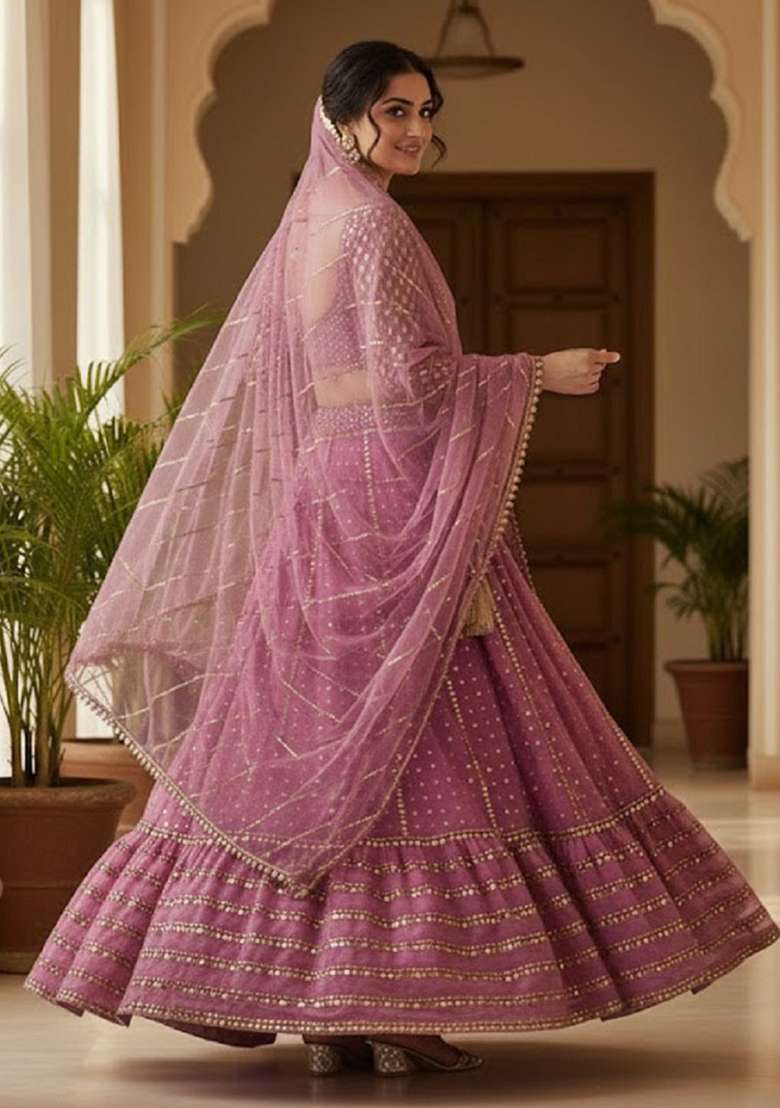 Baby Pink Embroidery Georgette Lehenga Set for Diwali and Festive Wear - Indya