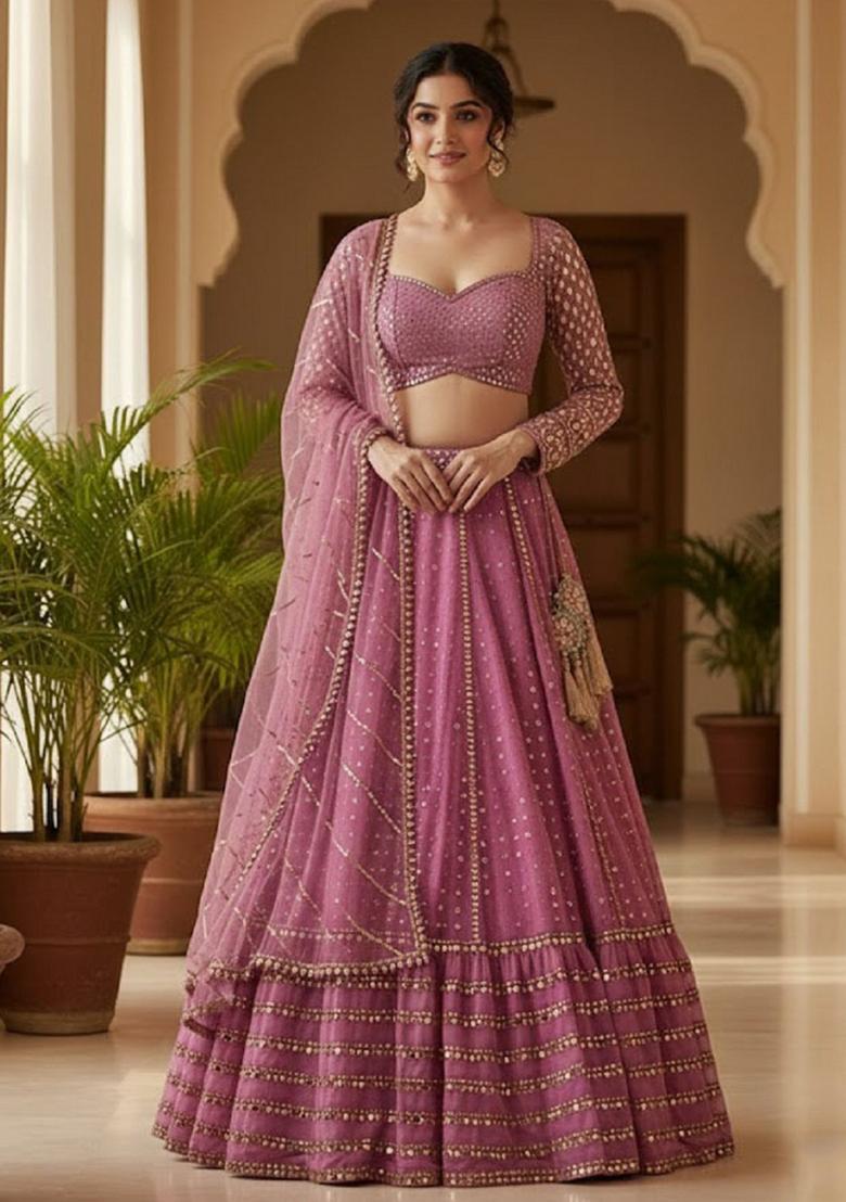 Baby Pink Embroidery Georgette Lehenga Set - Indya