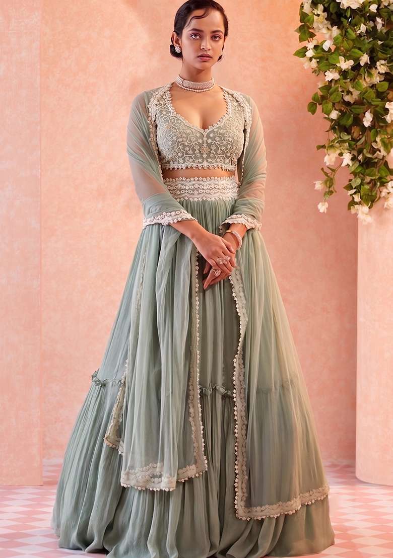 Sea Green Georgette Lehenga Set with Embroidery for Diwali | Wedding & Festive Wear - Indya