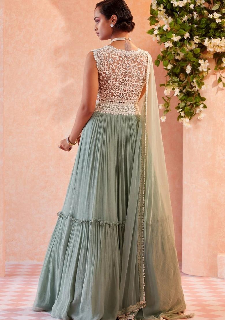 Sea Green Embroidery Georgette Lehenga Set - Indya