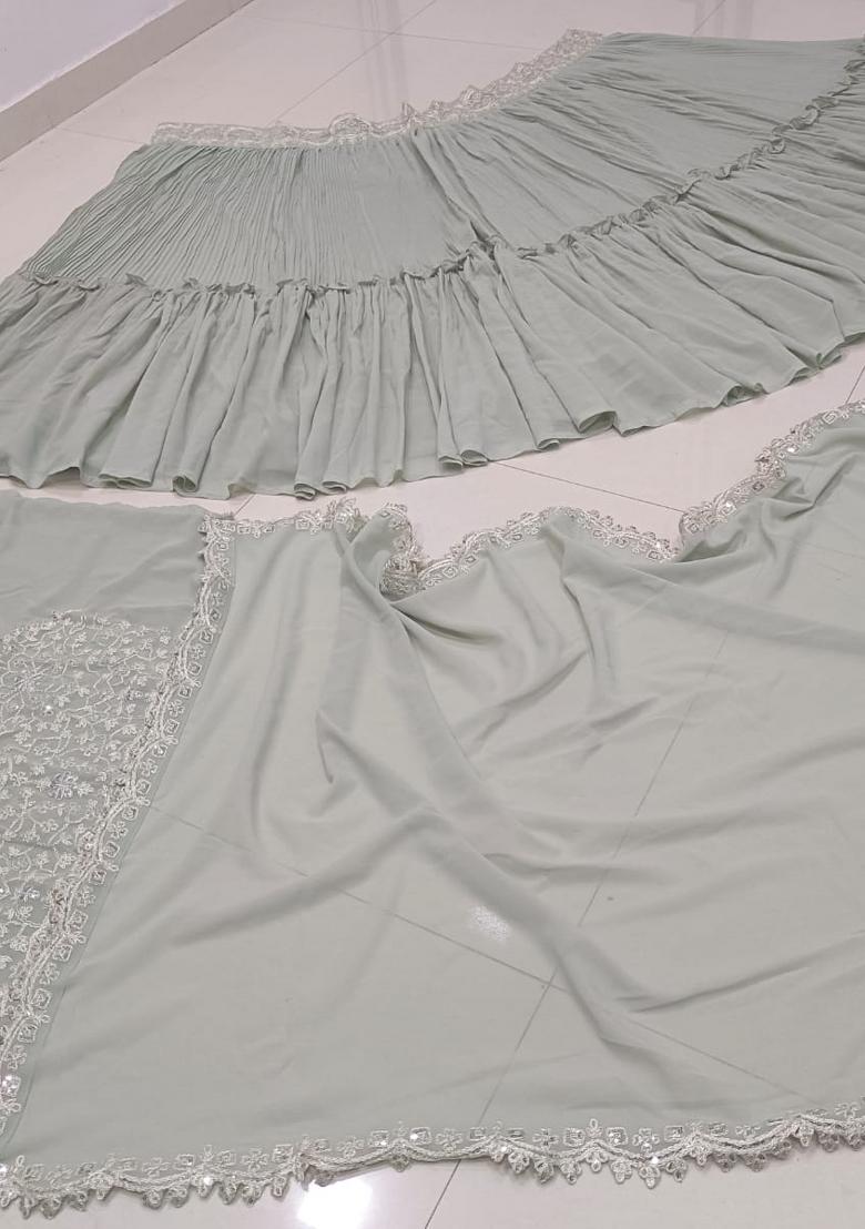 Sea Green Embroidery Georgette Lehenga Set - Indya