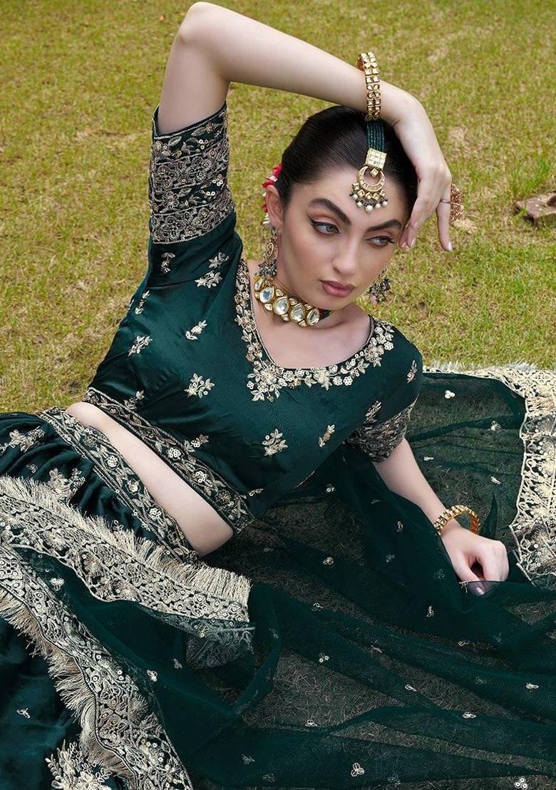 Green Embroidery French Crepe Lehenga Set - Indya