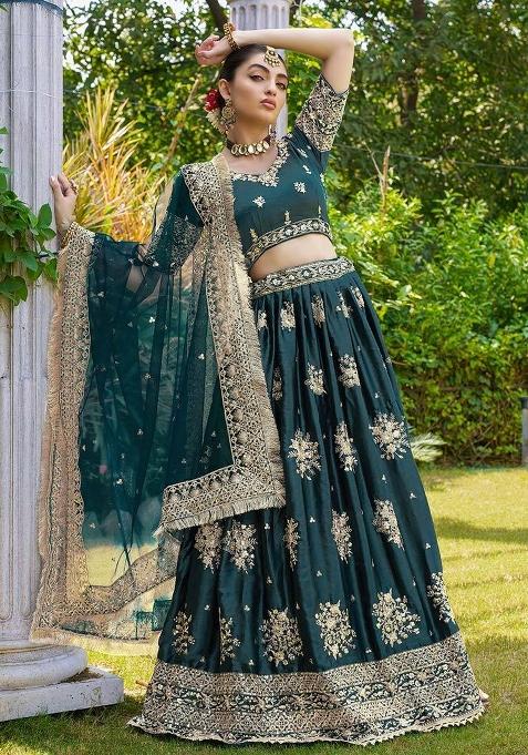 Green Embroidery French Crepe Lehenga Set