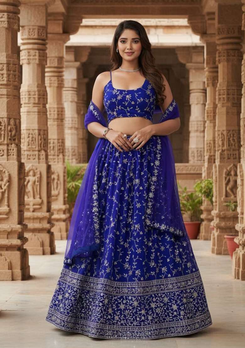 Blue Sequence Work Georgette Lehenga Set with Embroidery for Diwali | Wedding & Festive Wear - Indya