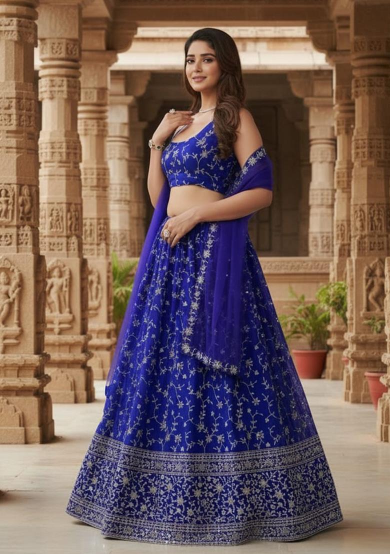 Blue Sequence Embroidery Work Georgette Lehenga Set - Indya