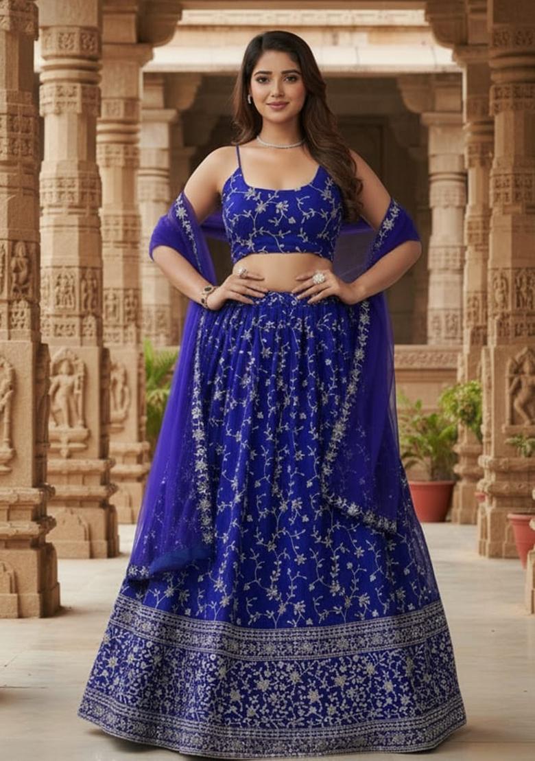 Blue Sequence Embroidery Work Georgette Lehenga Set - Indya