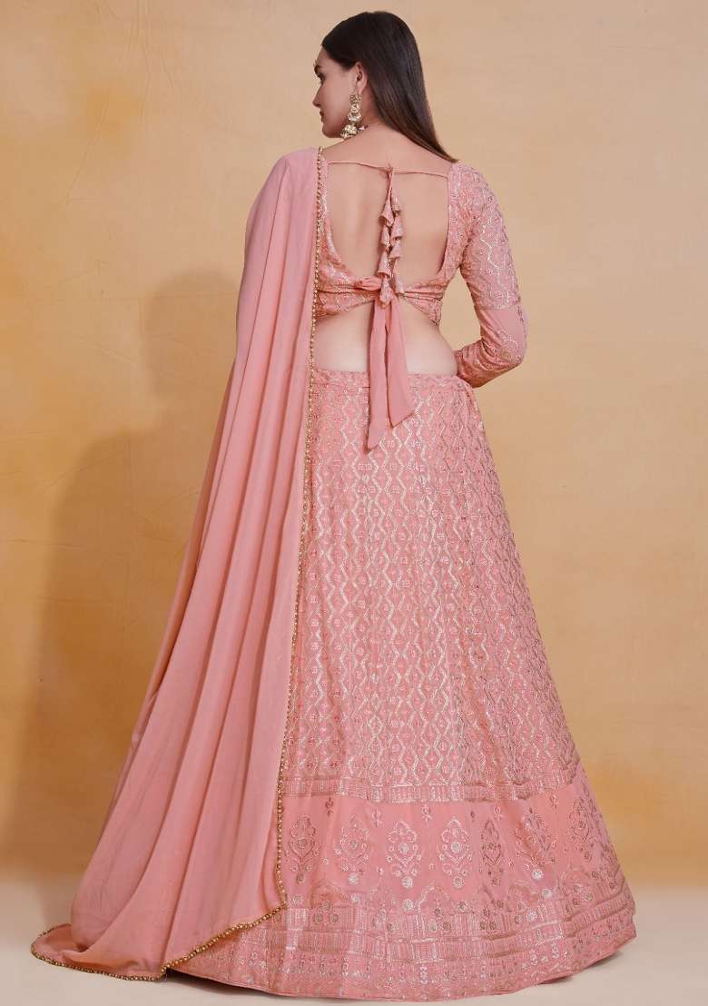 Baby Pink Sequence Embroidery Work Georgette Lehenga Set - Indya
