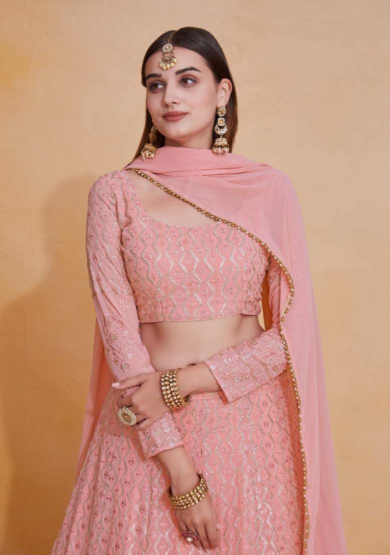 Baby Pink Sequence Embroidery Work Georgette Lehenga Set - Indya
