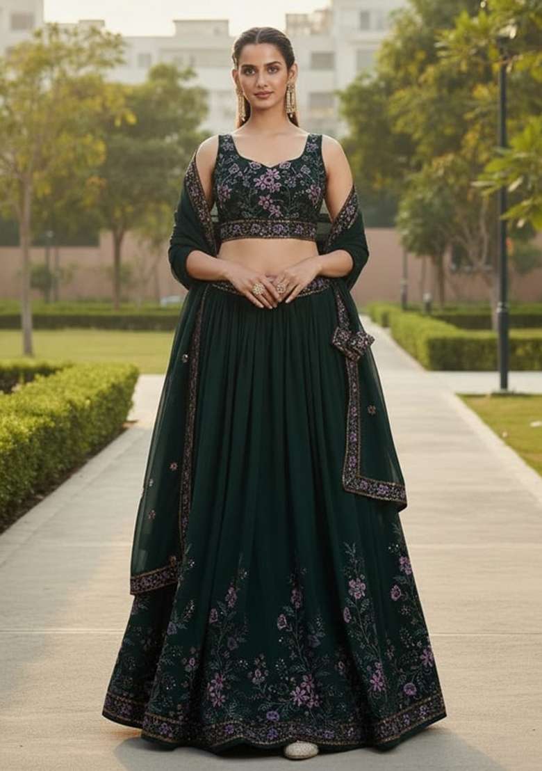 Green Sequence Embroidery Work Georgette Lehenga Set for Diwali and Festive Wear - Indya