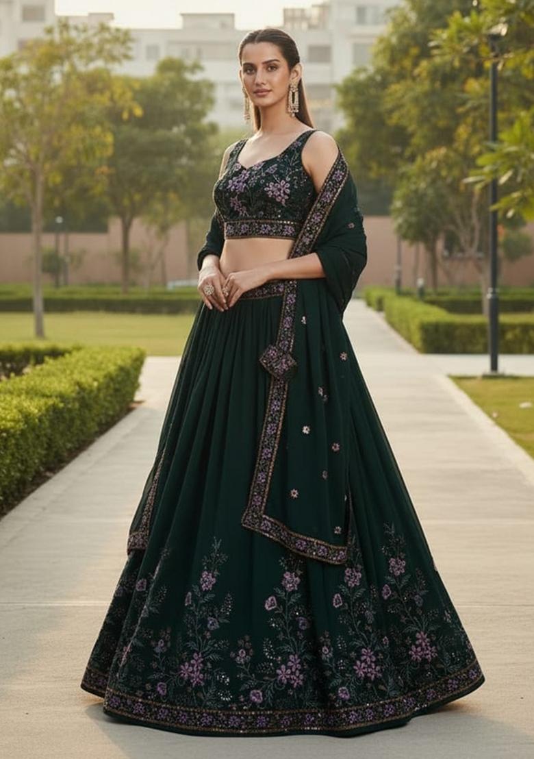 Green Sequence Embroidery Work Georgette Lehenga Set - Indya