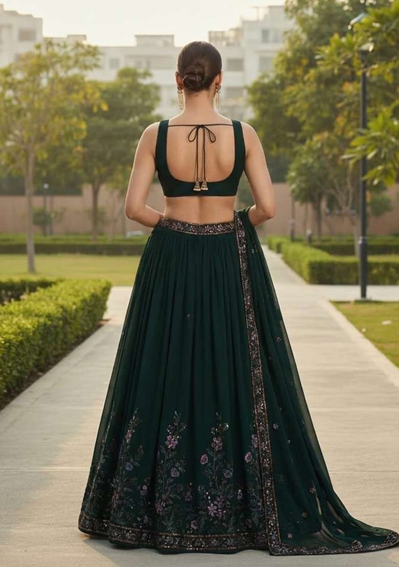 Green Sequence Embroidery Work Georgette Lehenga Set for Diwali and Festive Wear - Indya