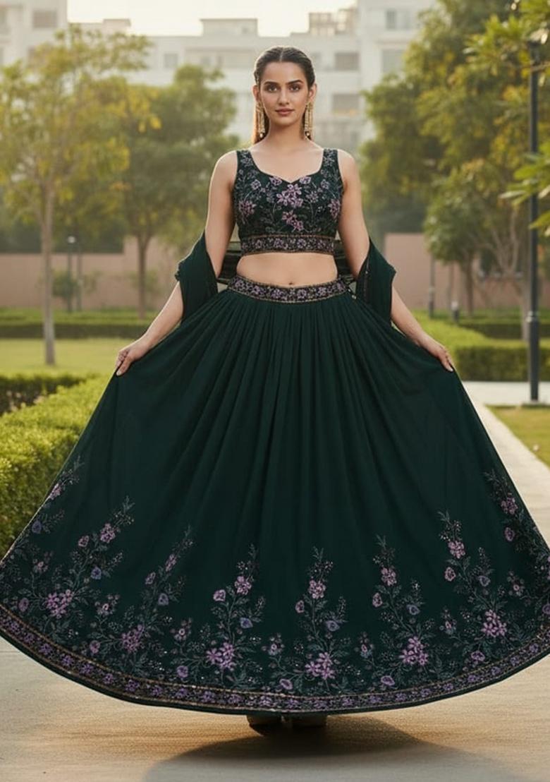 Green Sequence Embroidery Work Georgette Lehenga Set - Indya