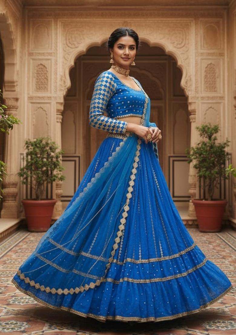 Blue Sequence Embroidery Work Georgette Lehenga Set - Indya