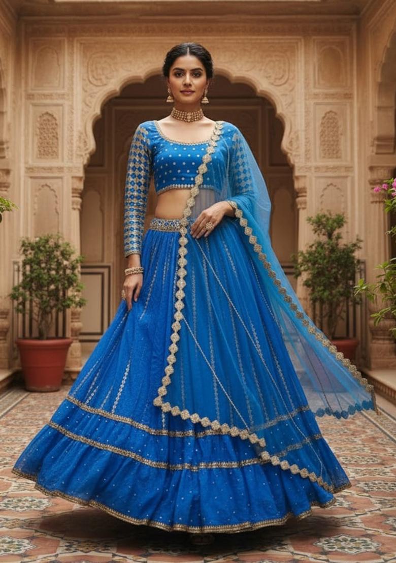 Blue Sequence Embroidery Work Georgette Lehenga Set - Indya