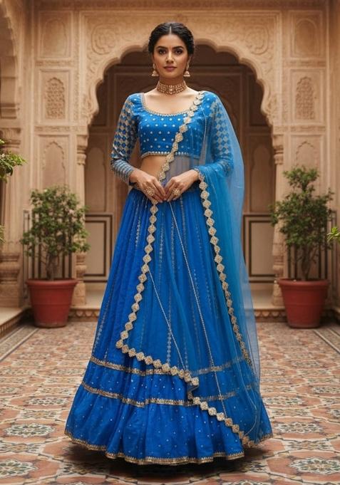 Blue Sequence Embroidery Work Georgette Lehenga Set