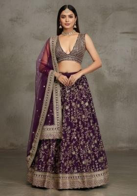 Wine Sequence Embroidery Work Georgette Lehenga Set