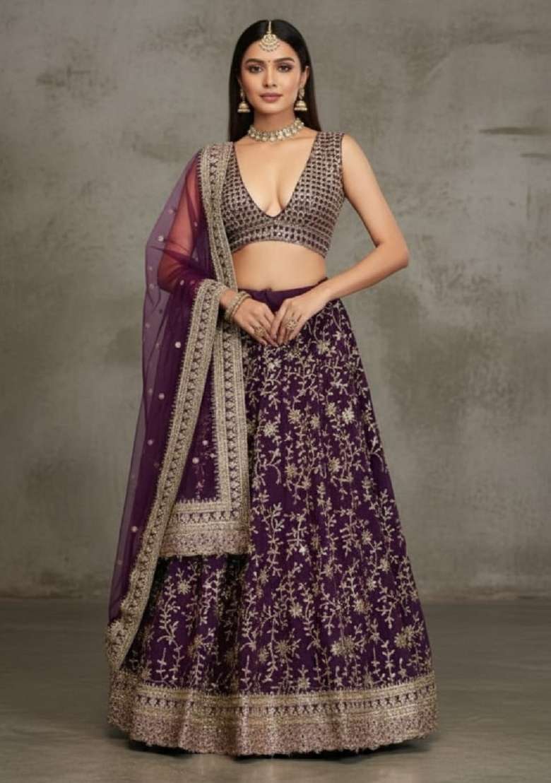 Wine Sequence Work Georgette Lehenga Set with Embroidery for Diwali | Wedding & Festive Wear - Indya