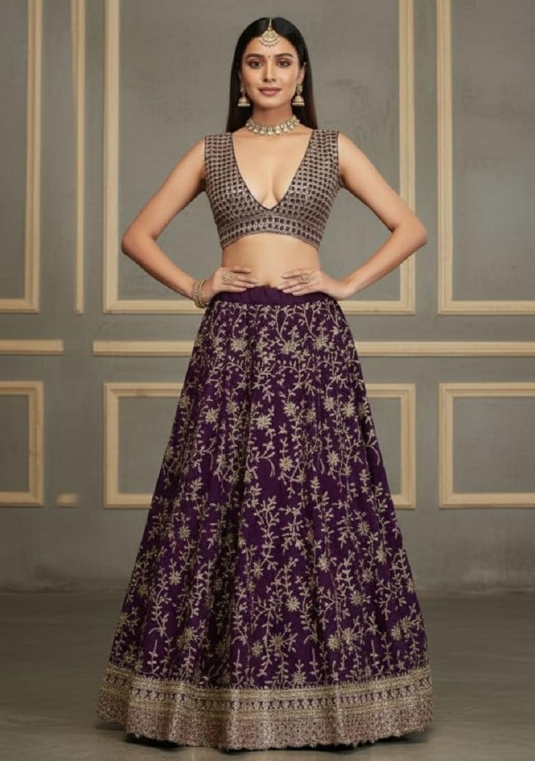 Wine Sequence Embroidery Work Georgette Lehenga Set - Indya