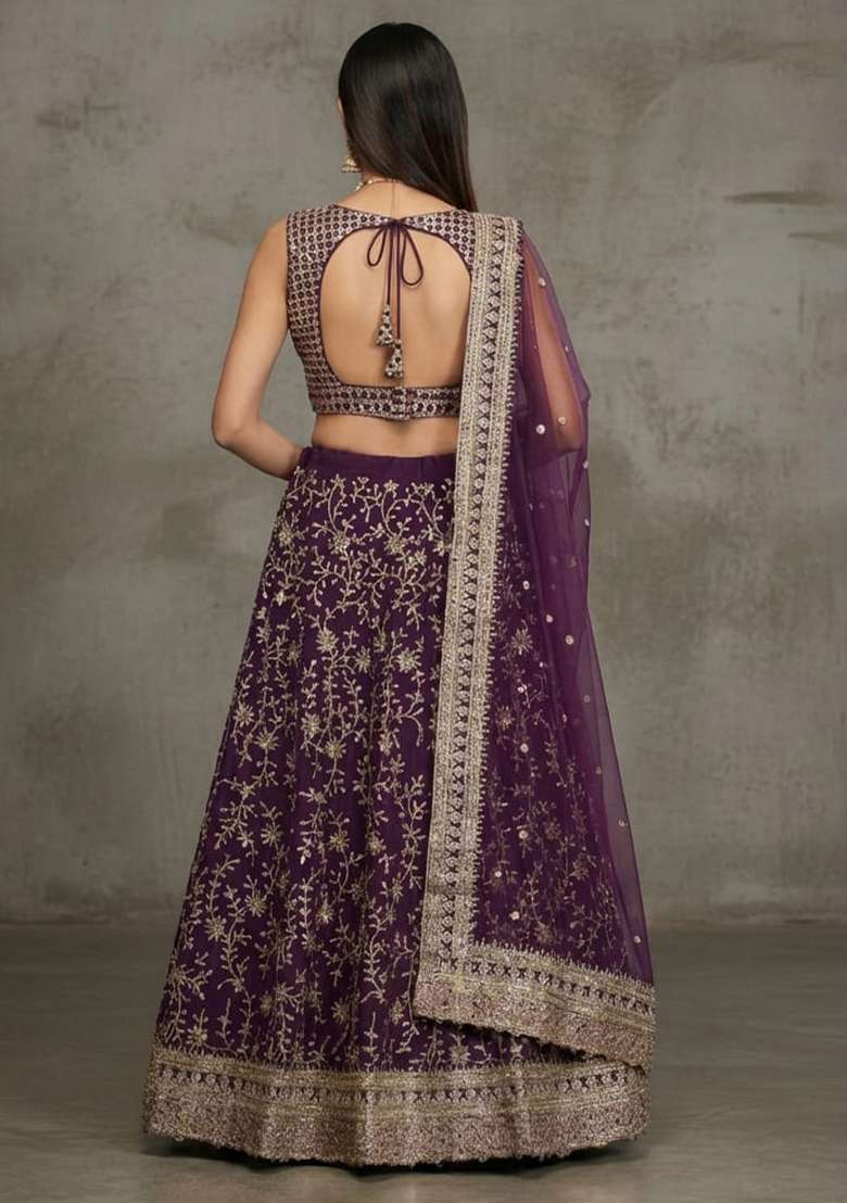 Wine Sequence Work Georgette Lehenga Set with Embroidery for Diwali | Wedding & Festive Wear - Indya