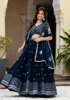 Teal Sequence Embroidery Work Faux Georgette Lehenga Set