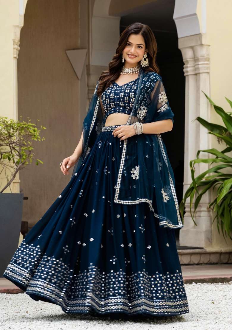 Teal Sequence Work Faux Georgette Lehenga Set with Embroidery for Diwali | Wedding & Festive Wear - Indya