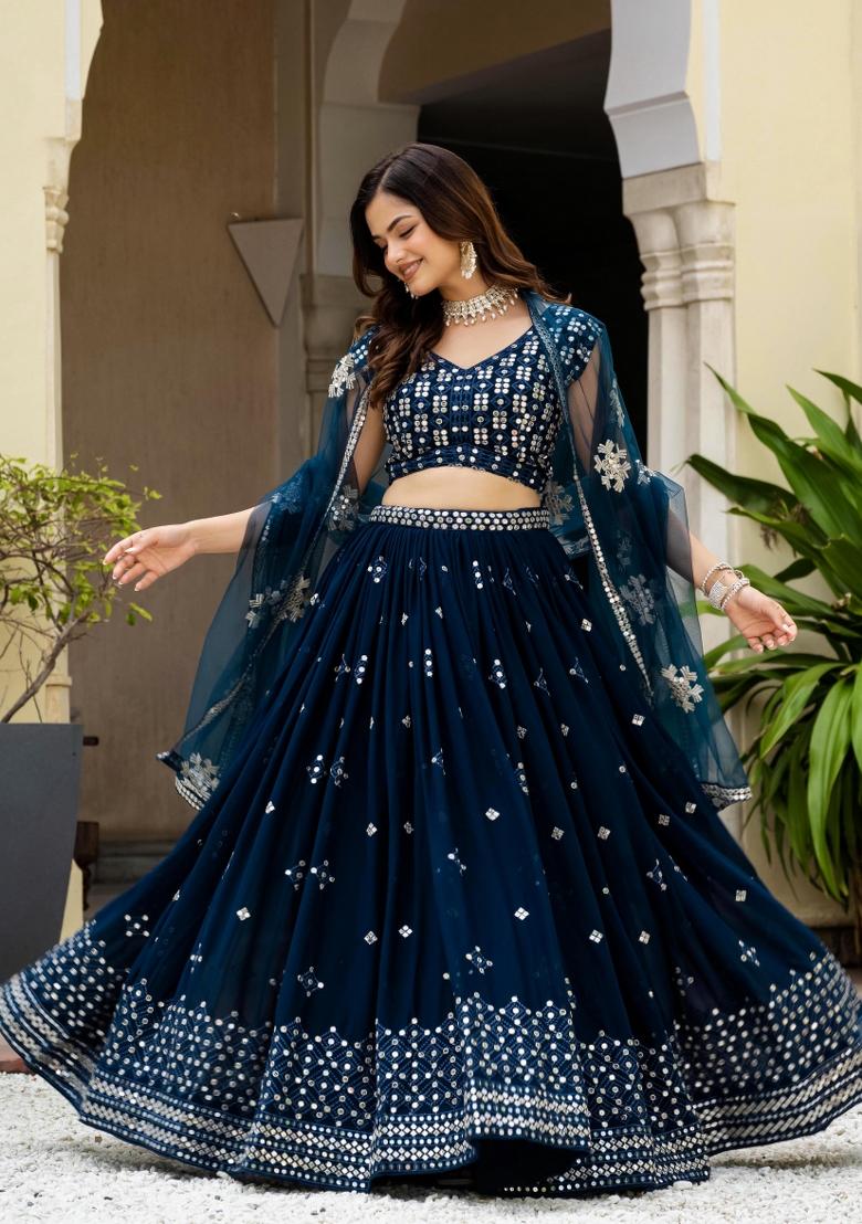 Teal Sequence Embroidery Work Faux Georgette Lehenga Set - Indya