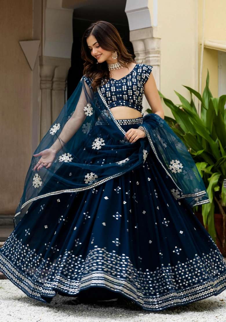 Teal Sequence Work Faux Georgette Lehenga Set with Embroidery for Diwali | Wedding & Festive Wear - Indya