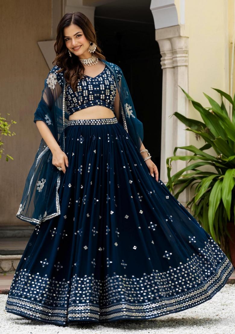 Teal Sequence Embroidery Work Faux Georgette Lehenga Set - Indya