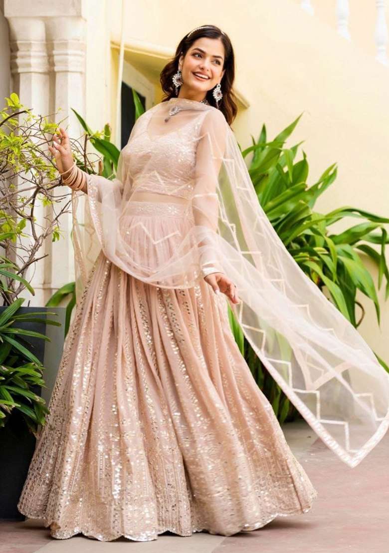 Peach Sequence Work Faux Georgette Lehenga Set with Embroidery for Diwali | Wedding & Festive Wear - Indya