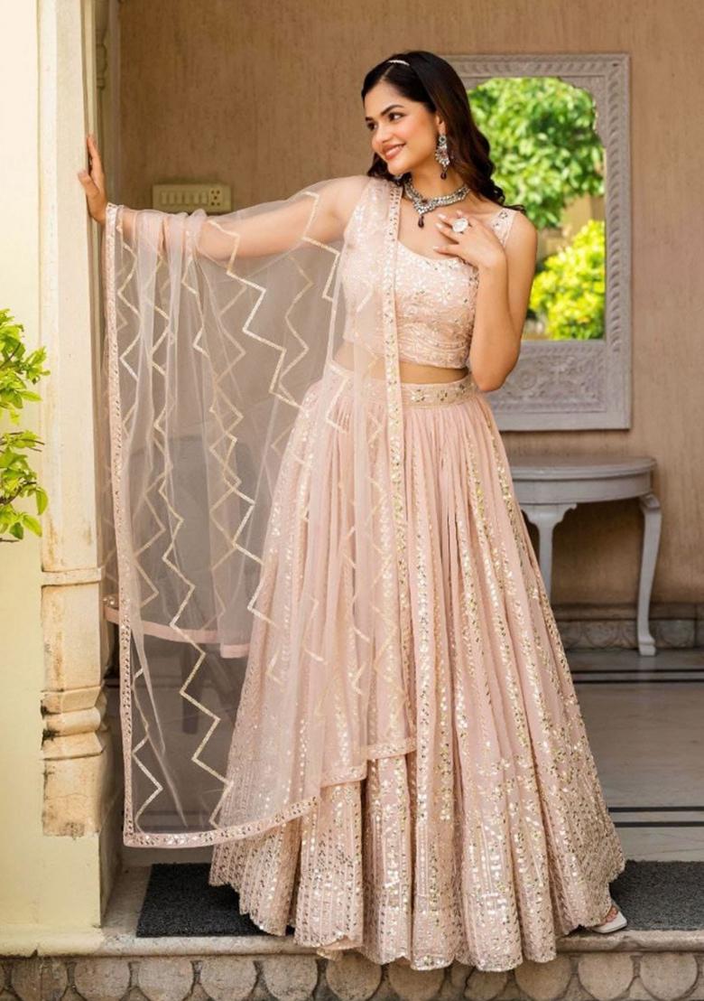 Peach Sequence Embroidery Work Faux Georgette Lehenga Set - Indya