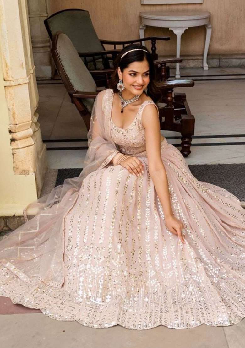 Peach Sequence Work Faux Georgette Lehenga Set with Embroidery for Diwali | Wedding & Festive Wear - Indya