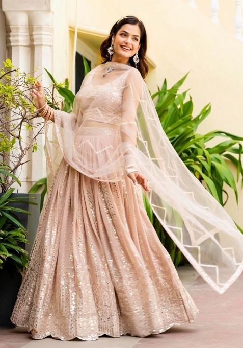 Peach Sequence Embroidery Work Faux Georgette Lehenga Set