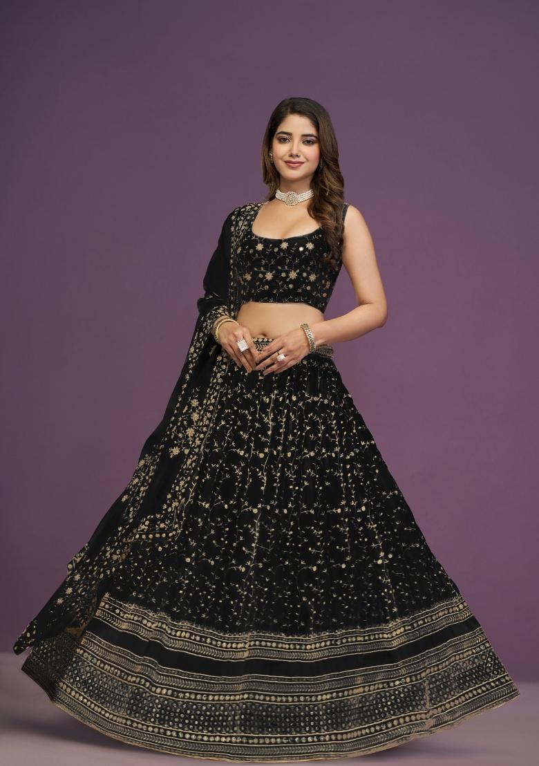 Black Sequence Embroidery Work Faux Georgette Lehenga Set - Indya
