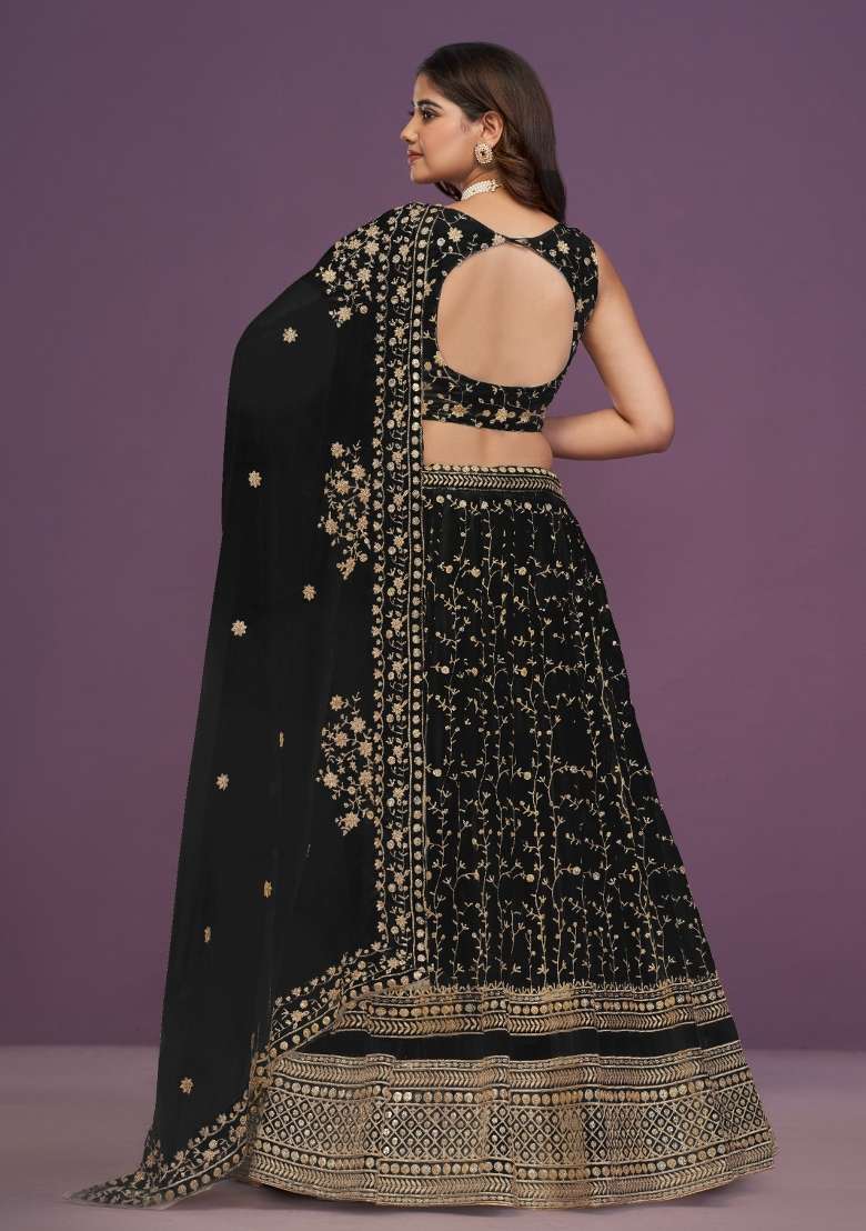 Black Sequence Embroidery Work Faux Georgette Lehenga Set for Diwali and Festive Wear - Indya