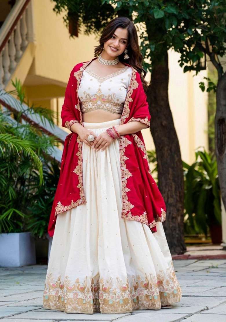 Cream Sequence Work Vichitra Silk Blend Lehenga Set with Embroidery for Diwali | Wedding & Festive Wear - Indya