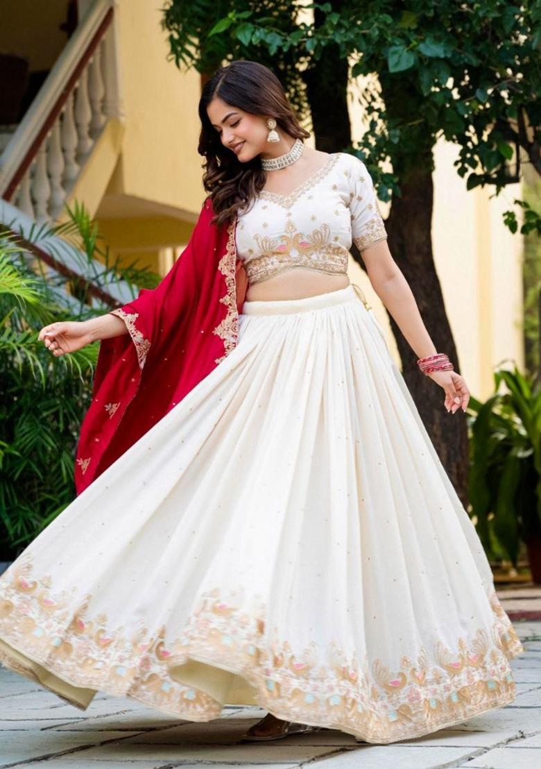 Cream Sequence Embroidery Work Vichitra Silk Lehenga Set - Indya
