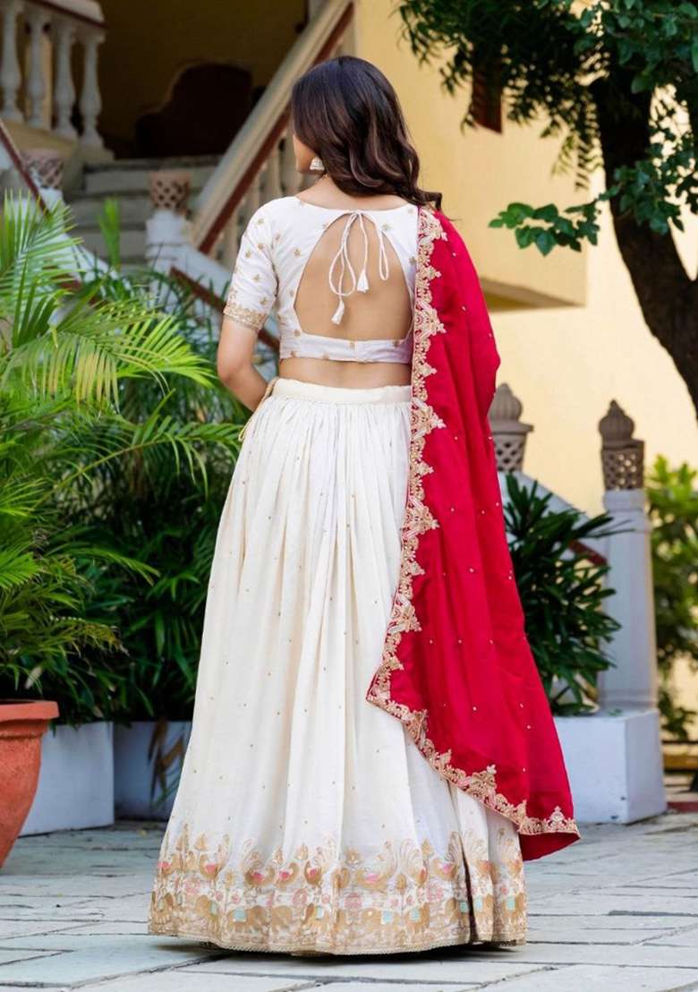 Cream Sequence Work Vichitra Silk Blend Lehenga Set with Embroidery for Diwali | Wedding & Festive Wear - Indya