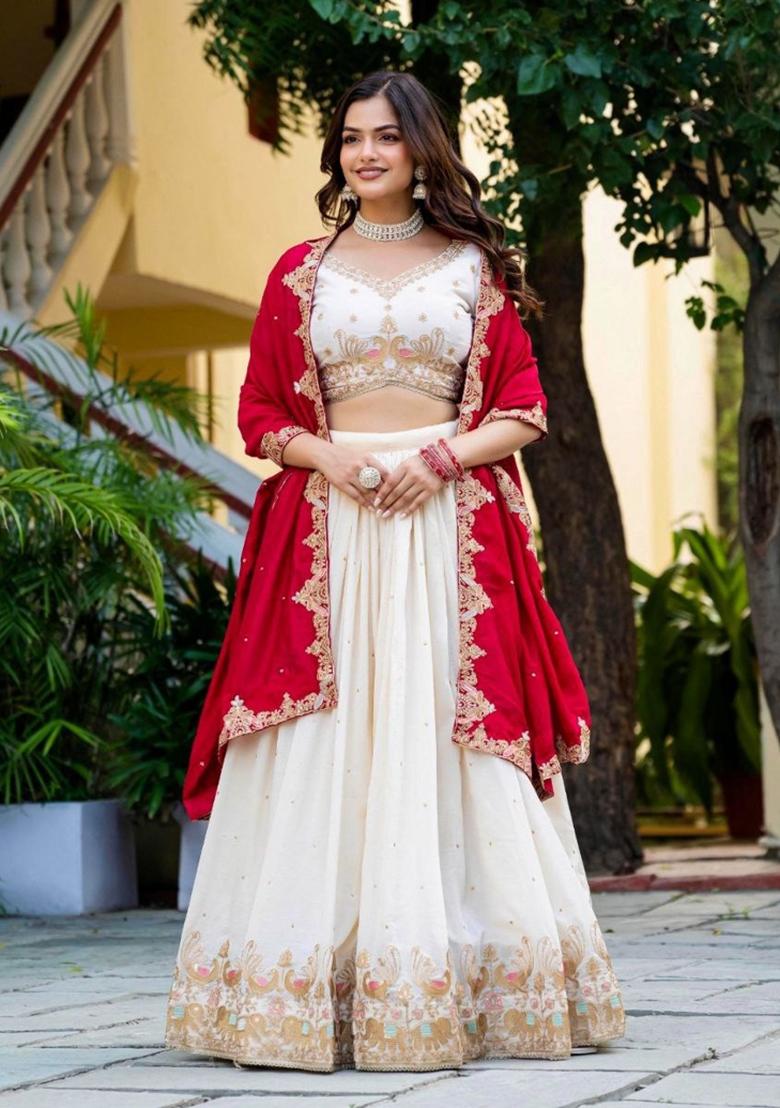 Cream Sequence Embroidery Work Vichitra Silk Lehenga Set - Indya